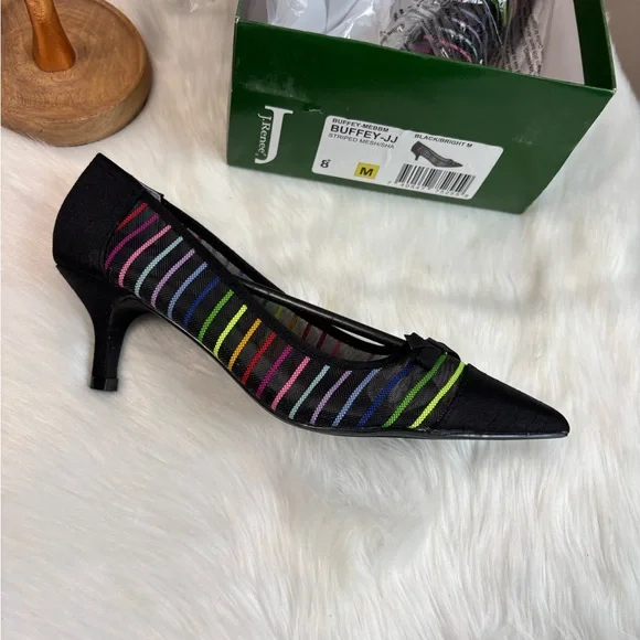 NWT Anthropologie Black Heels with Multicolor Stripes - Picture 1 of 10